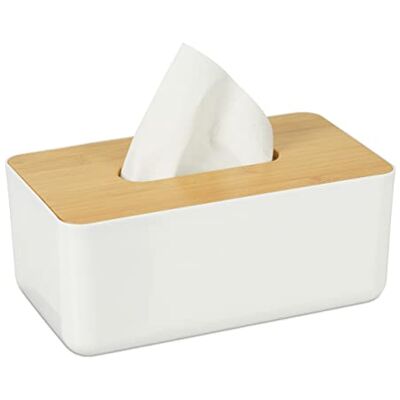 Relaxdays Tissuebox van kunststof met houten deksel en navulbaar deksel, 10 x 23 x 13 cm, wit/naturel Relaxdays Tissuebox van kunststof met houten deksel en navulbaar deksel, 10 x 23 x 13 cm, wit/naturel