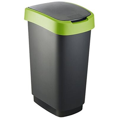 Curver Flip Bin Afvalemmer met kanteldeksel, 10 l, voor keuken, kantoor, badkamer, 18,9 x 23,5 x 35 cm, grijs/groen Curver Flip Bin Afvalemmer met kanteldeksel, 10 l, voor keuken, kantoor, badkamer, 18,9 x 23,5 x 35 cm, grijs/groen