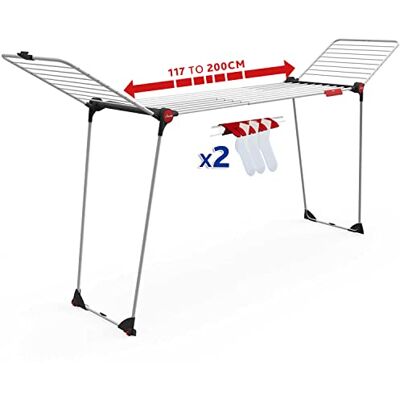 Vileda Infinity Flex Plus Groot droogrek, uittrekbaar tot 2 m, inhoud 30 m, hoge vleugels, twee sokkenhouders, beschermd door kartonnen verpakking Vileda Infinity Flex Plus Groot droogrek, uittrekbaar tot 2 m, inhoud 30 m, hoge vleugels, twee sokkenhouders, beschermd door kartonnen verpakking
