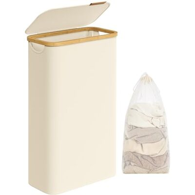 SONGMICS LCB506W01 Wasmand met deksel, wasmand 65 l, ruimtebesparend, afneembare waszak, oxfordstof, handgrepen van bamboe, opvouwbaar, 42 x 22,5 x 70,5 cm, crèmewit SONGMICS LCB506W01 Wasmand met deksel, wasmand 65 l, ruimtebesparend, afneembare waszak, oxfordstof, handgrepen van bamboe, opvouwbaar, 42 x 22,5 x 70,5 cm, crèmewit