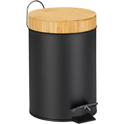 Relaxdays 3 liter badkamer prullenbak automatische sluiting bamboe deksel uitneembare binnenemmer pedaalemmer zwart ijzer Relaxdays 3 liter badkamer prullenbak automatische sluiting bamboe deksel uitneembare binnenemmer pedaalemmer zwart ijzer