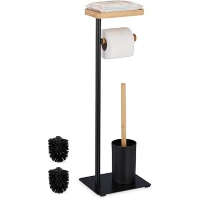 Relaxdays Toiletborstel van bamboe en ijzer, toiletpapierhouder, staand met borstelhouder, zwart/naturel Relaxdays Toiletborstel van bamboe en ijzer, toiletpapierhouder, staand met borstelhouder, zwart/naturel