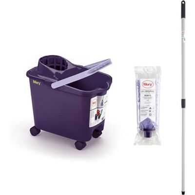 Mery Emmer met mop en stok, centrifuge-emmer op wielen, paars en lila, 14 liter, superabsorberende microvezelmop, universele schroefdraad, telescoopsteel van geplastificeerd staal, 80 x 140 cm Mery Emmer met mop en stok, centrifuge-emmer op wielen, paars en lila, 14 liter, superabsorberende microvezelmop, universele schroefdraad, telescoopsteel van geplastificeerd staal, 80 x 140 cm