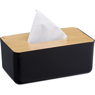 Relaxdays Tissuebox van kunststof met houten deksel, navulbaar, H x B x D: 10 x 23 x 13 cm, zwart/naturel Relaxdays Tissuebox van kunststof met houten deksel, navulbaar, H x B x D: 10 x 23 x 13 cm, zwart/naturel