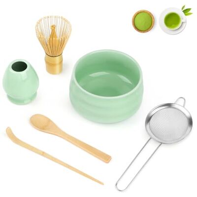 YARVPUV Set van 6 matcha-bezems met bezem, schep, zeef, bezemhouder, lepel, matcha-kom compleet voor traditionele theeceremonie, groen YARVPUV Set van 6 matcha-bezems met bezem, schep, zeef, bezemhouder, lepel, matcha-kom compleet voor traditionele theeceremonie, groen
