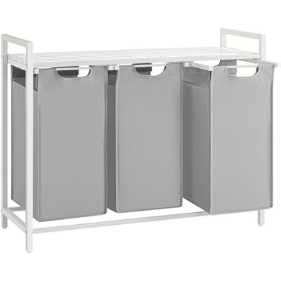 VASAGLE Wasmand, vuile wasmand, opslag met 3 vakken, 3 afneembare zakken van Oxford-stof, plank, metalen frame, 3 x 38 l, 92,5 x 33 x 72 cm, duifgrijs BLH301W03 VASAGLE Wasmand, vuile wasmand, opslag met 3 vakken, 3 afneembare zakken van Oxford-stof, plank, metalen frame, 3 x 38 l, 92,5 x 33 x 72 cm, duifgrijs BLH301W03