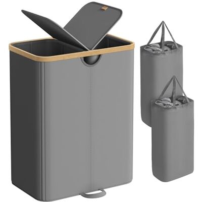 SONGMICS Wasmand met 2 vakken, 150 l, vuile wasmand met deksel, afneembare zakken, voor bijkeuken, slaapkamer, woonkamer, leigrijs en natuurbeige LCB523G01 SONGMICS Wasmand met 2 vakken, 150 l, vuile wasmand met deksel, afneembare zakken, voor bijkeuken, slaapkamer, woonkamer, leigrijs en natuurbeige LCB523G01