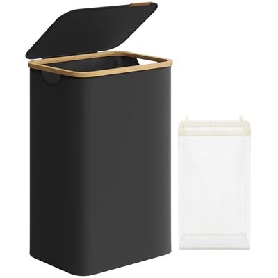 SONGMICS LCB509B01 Wasmand met deksel, wasmand 90 liter, afneembare waszak, Oxford-stof, handgrepen van bamboe, opvouwbaar, 42 x 32 x 70,5 cm, inktzwart SONGMICS LCB509B01 Wasmand met deksel, wasmand 90 liter, afneembare waszak, Oxford-stof, handgrepen van bamboe, opvouwbaar, 42 x 32 x 70,5 cm, inktzwart