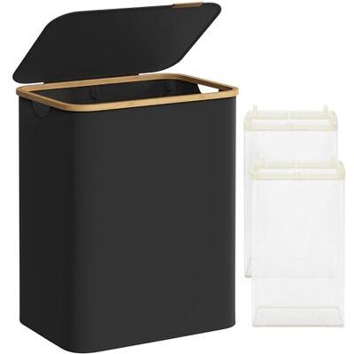 SONGMICS LCB513B01 Wasmand met 2 vakken, 130 liter, wasmand met deksel, uitneembare waszak, Oxford-stof, handgrepen van bamboe, opvouwbaar, 52 x 38,5 x 70,5 cm, inktzwart SONGMICS LCB513B01 Wasmand met 2 vakken, 130 liter, wasmand met deksel, uitneembare waszak, Oxford-stof, handgrepen van bamboe, opvouwbaar, 52 x 38,5 x 70,5 cm, inktzwart