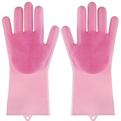 HUAYINGMEI Siliconen schrobhandschoenen met reinigingsspons voor servies, badkamer, keuken, autoreiniging en huisdierverzorging (roze) HUAYINGMEI Siliconen schrobhandschoenen met reinigingsspons voor servies, badkamer, keuken, autoreiniging en huisdierverzorging (roze)