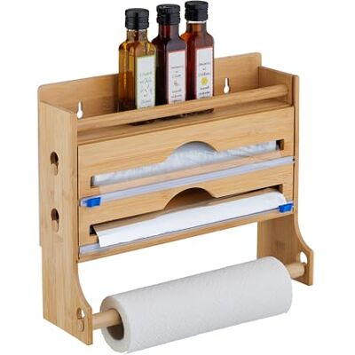 Relaxdays 3-in-1 rolhouder voor aluminiumfolie, vershoudfolie, bamboe, HBD: 30,5 x 36,5 x 12 cm, naturel Relaxdays 3-in-1 rolhouder voor aluminiumfolie, vershoudfolie, bamboe, HBD: 30,5 x 36,5 x 12 cm, naturel