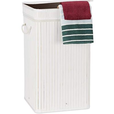 Relaxdays Opvouwbare draagbare wasmand van bamboe, maat XL, 70 liter, met deksel, wasmand, vierkant, 63 x 36 x 36 cm, wit Relaxdays Opvouwbare draagbare wasmand van bamboe, maat XL, 70 liter, met deksel, wasmand, vierkant, 63 x 36 x 36 cm, wit