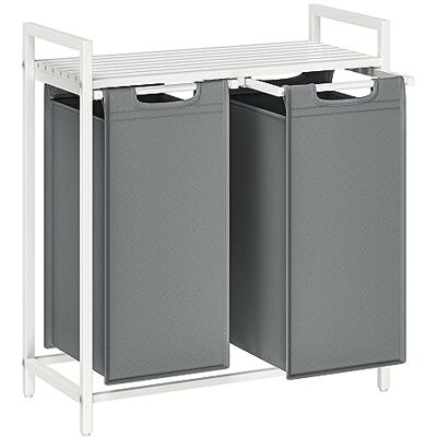 VASAGLE Wasmand, mand voor vuile was, met 2 vakken en 2 verwijderbare zakken van Oxford-stof, legplank, metalen frame 2 x 46 liter, 73 x 33 x 72 cm, wit en lichtgrijs BLH201W11 VASAGLE Wasmand, mand voor vuile was, met 2 vakken en 2 verwijderbare zakken van Oxford-stof, legplank, metalen frame 2 x 46 liter, 73 x 33 x 72 cm, wit en lichtgrijs BLH201W11
