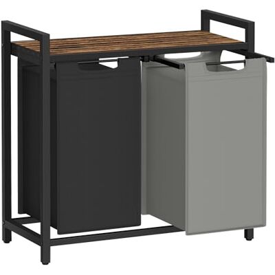 VASAGLE Wasmand met 2 vakken, wasmand met plank, waszak, afneembare Oxford-stof, metalen frame, 2 x 46 l, 73 x 33 x 72 cm, inktzwart, duivengrijs, vintage bruin VASAGLE Wasmand met 2 vakken, wasmand met plank, waszak, afneembare Oxford-stof, metalen frame, 2 x 46 l, 73 x 33 x 72 cm, inktzwart, duivengrijs, vintage bruin