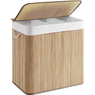 SONGMICS LCB091N01 Wasmand met 3 vakken, mand 150 l, sorteerbak, met handgrepen, deksel met klittenbandsluitingen, opvouwbaar, voor wasgoed, huishouden, bijkeuken, houtkleur SONGMICS LCB091N01 Wasmand met 3 vakken, mand 150 l, sorteerbak, met handgrepen, deksel met klittenbandsluitingen, opvouwbaar, voor wasgoed, huishouden, bijkeuken, houtkleur
