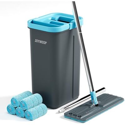 JOYMOOP Set mop en emmer met centrifuge, 5 herbruikbare microvezelpads, voor vloeren en muren, handsfree mop voor huishoudelijk gebruik, grijs + cyaanblauw JOYMOOP Set mop en emmer met centrifuge, 5 herbruikbare microvezelpads, voor vloeren en muren, handsfree mop voor huishoudelijk gebruik, grijs + cyaanblauw