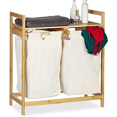 Relaxdays Wasmand bamboe, wassorteerder met legplank, 2 vakken, uittrekbaar, draagbaar wasrek, 60 liter, natuur, 1 stuk Relaxdays Wasmand bamboe, wassorteerder met legplank, 2 vakken, uittrekbaar, draagbaar wasrek, 60 liter, natuur, 1 stuk