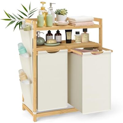 SONGMICS Wasmand met 2 vakken, inhoud tot 100 liter, waszak, zijvakken, 2 x 50 l, 63 x 33 x 98 cm, crèmewit RLH200W01 SONGMICS Wasmand met 2 vakken, inhoud tot 100 liter, waszak, zijvakken, 2 x 50 l, 63 x 33 x 98 cm, crèmewit RLH200W01