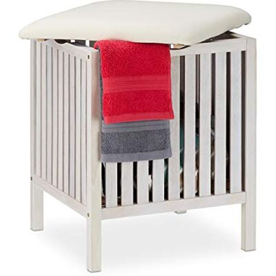 Relaxdays Wasmand met zitting, badkamerkruk, rustieke stijl, 40 l, hout/stof, 53 x 41 x 41 cm, wit Relaxdays Wasmand met zitting, badkamerkruk, rustieke stijl, 40 l, hout/stof, 53 x 41 x 41 cm, wit