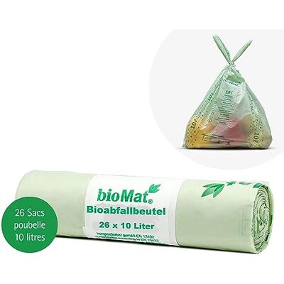 bioMat Composteerbare vuilniszak, 10 l, met handgreep, 26 zakken, hoge kwaliteit, DINplus gecertificeerd, klimaatneutraal, gemaakt in Duitsland bioMat Composteerbare vuilniszak, 10 l, met handgreep, 26 zakken, hoge kwaliteit, DINplus gecertificeerd, klimaatneutraal, gemaakt in Duitsland