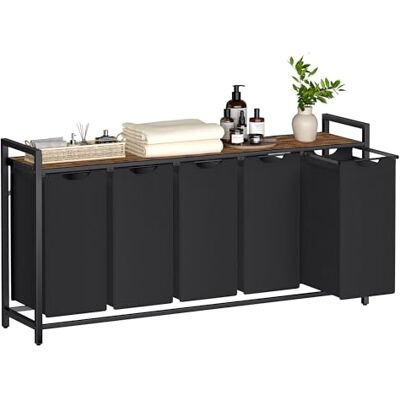 VASAGLE Wasmand met 5 vakken, vuile wasmand, 5 afneembare zakken van Oxford-stof, plank, metalen frame, 5 x 40 l, 143,5 x 33 x 72 cm, inktzwart en rustiek bruin BLH501B01 VASAGLE Wasmand met 5 vakken, vuile wasmand, 5 afneembare zakken van Oxford-stof, plank, metalen frame, 5 x 40 l, 143,5 x 33 x 72 cm, inktzwart en rustiek bruin BLH501B01