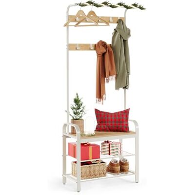 VASAGLE Kapstok, garderobe, halkast met schoenenrek met 3 niveaus, met afneembare haken, hoogte 183 cm, metalen frame, houtkleur en crème HSR40W VASAGLE Kapstok, garderobe, halkast met schoenenrek met 3 niveaus, met afneembare haken, hoogte 183 cm, metalen frame, houtkleur en crème HSR40W