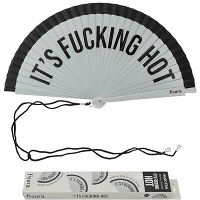 Fisura Originele waaier met "It's f*cking hot" boodschap. Chique en moderne omkeerbare houten accessoires. Elegante grijze zwarte handventilator, haak inbegrepen, afmetingen: 42,5 x 23 cm Fisura Originele waaier met "It's f*cking hot" boodschap. Chique en moderne omkeerbare houten accessoires. Elegante grijze zwarte handventilator, haak inbegrepen, afmetingen: 42,5 x 23 cm