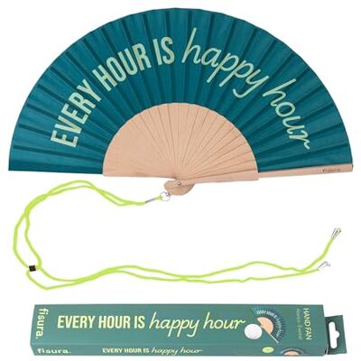 Fisura Originele houten waaier met happy hour-boodschap. Kleurrijk en modern accessoire, groene zakventilator met haak inbegrepen. Afmetingen: 42,5 x 23 cm Fisura Originele houten waaier met happy hour-boodschap. Kleurrijk en modern accessoire, groene zakventilator met haak inbegrepen. Afmetingen: 42,5 x 23 cm
