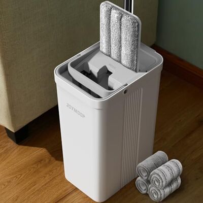 JOYMOOP Mop en emmer met wringer, platte witte emmer voor vloerreiniging, natte en droge bezem voor wandreiniger met lange steel, dweil voor hardhouten parket met 4 JOYMOOP Mop en emmer met wringer, platte witte emmer voor vloerreiniging, natte en droge bezem voor wandreiniger met lange steel, dweil voor hardhouten parket met 4