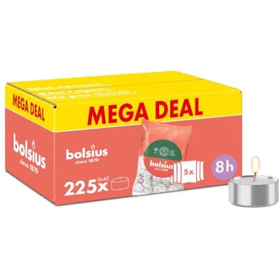 BOLSIUS Set van 225 theelichtjes 8 uur brandduur Wit Bevat natuurlijke plantaardige was Lange brandduur Decoratieve kaarsen voor thuis Olievrij BOLSIUS Set van 225 theelichtjes 8 uur brandduur Wit Bevat natuurlijke plantaardige was Lange brandduur Decoratieve kaarsen voor thuis Olievrij