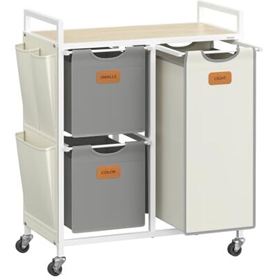 VASAGLE Wasmand, 3 vakken, mand 100 l, bak, wielen, trolley met planken, tas, zijvakken, 6 etiketten, natuurlijk beige, duifgrijs en crèmewit BLH202G01 VASAGLE Wasmand, 3 vakken, mand 100 l, bak, wielen, trolley met planken, tas, zijvakken, 6 etiketten, natuurlijk beige, duifgrijs en crèmewit BLH202G01
