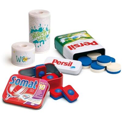 Erzi Somat vaatwastabletten en persil wasmiddel in doos, keukenrol en toiletpapier, rollenspel Erzi Somat vaatwastabletten en persil wasmiddel in doos, keukenrol en toiletpapier, rollenspel