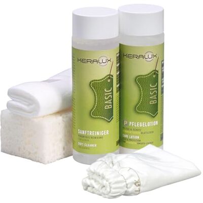 KERALUX 5-delige P leerverzorgingsset voor glad gepigmenteerd leer, reiniging en verzorging, 200 ml, stofhandschoenen, spons, doek, impregnering en lichtbescherming KERALUX 5-delige P leerverzorgingsset voor glad gepigmenteerd leer, reiniging en verzorging, 200 ml, stofhandschoenen, spons, doek, impregnering en lichtbescherming