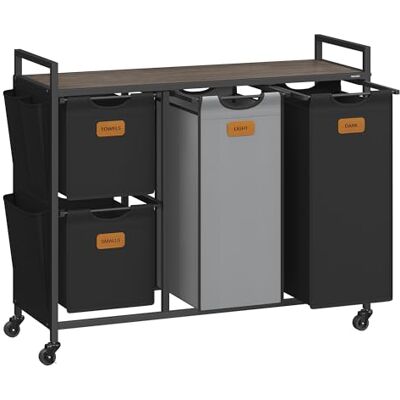 VASAGLE Wasmand, 4 vakken, mand 150 l, bak, wielen, trolley met planken, tas, zijvakken, 6 etiketten, kastanjebruin, inktzwart en duifsteengrijs BLH203B01 VASAGLE Wasmand, 4 vakken, mand 150 l, bak, wielen, trolley met planken, tas, zijvakken, 6 etiketten, kastanjebruin, inktzwart en duifsteengrijs BLH203B01