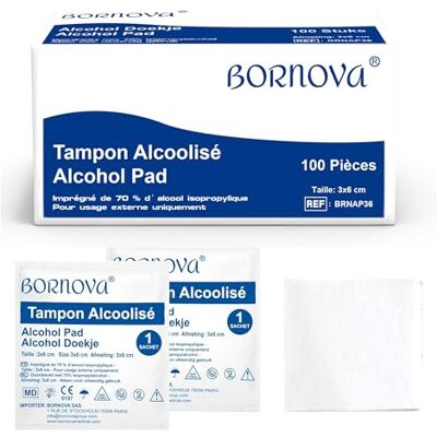 BORNOVA 100 stuks – alc-pad geïmpregneerd – doekje 3 x 6 cm voor het reinigen van huid en voorwerpen – eenmalig gebruik – BORNOVA 100 stuks – alc-pad geïmpregneerd – doekje 3 x 6 cm voor het reinigen van huid en voorwerpen – eenmalig gebruik –