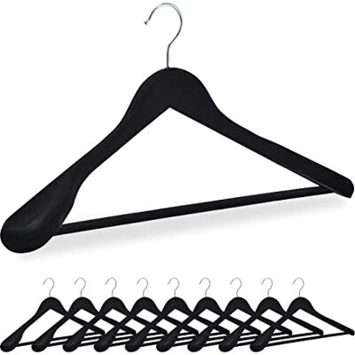 Relaxdays 10 stuks fluwelen kleerhangers, brede schouders, met broekstang, 360 graden draaibare haak, zwart Relaxdays 10 stuks fluwelen kleerhangers, brede schouders, met broekstang, 360 graden draaibare haak, zwart