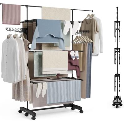 Newlux opvouwbare verticale droger XXL Fold Care V60 zwart met wielen, 4 dubbele lagen en 15 meter staand droogrek met houder voor kleine voorwerpen Ideaal als garderobe Newlux opvouwbare verticale droger XXL Fold Care V60 zwart met wielen, 4 dubbele lagen en 15 meter staand droogrek met houder voor kleine voorwerpen Ideaal als garderobe