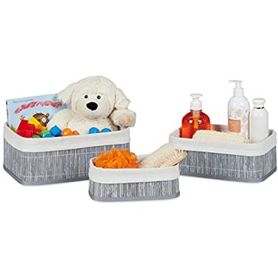 Relaxdays Set van 3 rechthoekige bamboe opbergmanden voor badkamer, speelgoedaccessoires, multifunctionele mand, grijs, 12,5 x 30 x 20 cm Relaxdays Set van 3 rechthoekige bamboe opbergmanden voor badkamer, speelgoedaccessoires, multifunctionele mand, grijs, 12,5 x 30 x 20 cm