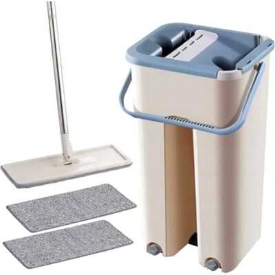Home Markt24 Platte mop met emmer met twee vakken en microvezelpads Telescopische steel, compact design, effectieve reiniging voor alle vloeren Home Markt24 Platte mop met emmer met twee vakken en microvezelpads Telescopische steel, compact design, effectieve reiniging voor alle vloeren