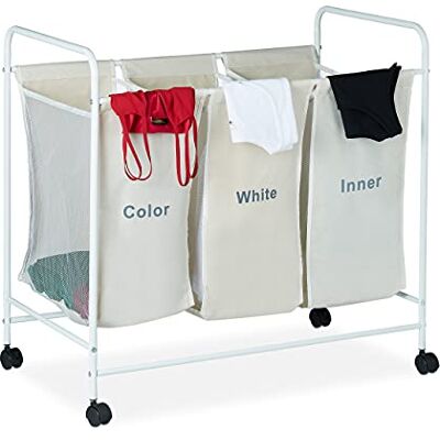 Relaxdays Wasmap met 3 gelabelde vakken, wielen om te vergrendelen, volume 100 liter, H x B x D 76 x 80 x 46 cm, beige, 1 stuk Relaxdays Wasmap met 3 gelabelde vakken, wielen om te vergrendelen, volume 100 liter, H x B x D 76 x 80 x 46 cm, beige, 1 stuk