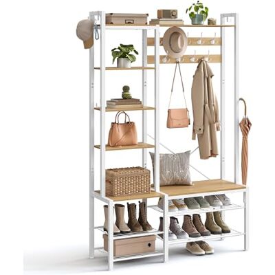 VASAGLE HSR426Y01 HSR426Y01 Kapstok met schoenenbank en 5 opbergplanken, 9 haken en 6 zijhaken, 140 x 120 x 190 cm, eiken goud en wolkenwit VASAGLE HSR426Y01 HSR426Y01 Kapstok met schoenenbank en 5 opbergplanken, 9 haken en 6 zijhaken, 140 x 120 x 190 cm, eiken goud en wolkenwit