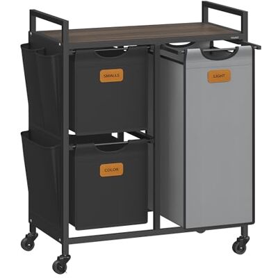 VASAGLE Wasmand, 3 vakken, mand 100 l, bak, wielen, trolley met planken, tas, zijvakken, 6 etiketten, kastanjebruin, inktzwart en duifsteengrijs BLH202B01 VASAGLE Wasmand, 3 vakken, mand 100 l, bak, wielen, trolley met planken, tas, zijvakken, 6 etiketten, kastanjebruin, inktzwart en duifsteengrijs BLH202B01