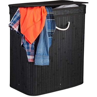 Relaxdays Wasmand van bamboe, rechthoekig, 2 vakken, met klapdeksel, ruimtebesparend, 95 l, zwart, 63 x 55 x 35 cm Relaxdays Wasmand van bamboe, rechthoekig, 2 vakken, met klapdeksel, ruimtebesparend, 95 l, zwart, 63 x 55 x 35 cm