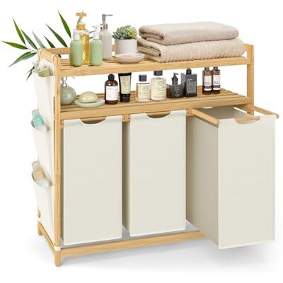 SONGMICS Wasmand met 3 vakken, inhoud tot 150 liter, waszak, zijvakken, 3 x 50 l, 94 x 33 x 98 cm, crèmewit RLH215W01 SONGMICS Wasmand met 3 vakken, inhoud tot 150 liter, waszak, zijvakken, 3 x 50 l, 94 x 33 x 98 cm, crèmewit RLH215W01