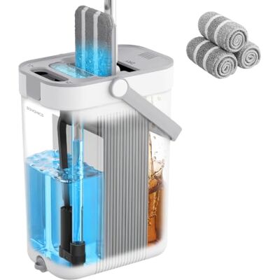 SONGMICS Set dweil en emmer, scheiding van schoon en vuil water, emmer met 3 vakken, met centrifuge, platte bezem, 360° draaibare kop, 3 microvezeldoeken, wit en grijs LMB001WT03 SONGMICS Set dweil en emmer, scheiding van schoon en vuil water, emmer met 3 vakken, met centrifuge, platte bezem, 360° draaibare kop, 3 microvezeldoeken, wit en grijs LMB001WT03