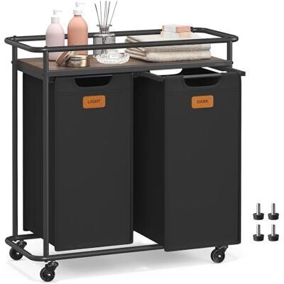 VASAGLE Wasmand met wielen, wasmand 2 vakken, 100 l, wassorteerder met plank, waswagen, afneembare zakken, 6 etiketten, wasruimte, inktzwart/asbruin BLH102BH01 VASAGLE Wasmand met wielen, wasmand 2 vakken, 100 l, wassorteerder met plank, waswagen, afneembare zakken, 6 etiketten, wasruimte, inktzwart/asbruin BLH102BH01