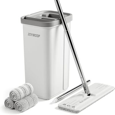 JOYMOOP Mop en emmer met wringer, platte emmer wit voor vloerreiniging, wandreiniger met lange steel, platte kopbezem, platte kop, 3 microvezeldoeken JOYMOOP Mop en emmer met wringer, platte emmer wit voor vloerreiniging, wandreiniger met lange steel, platte kopbezem, platte kop, 3 microvezeldoeken
