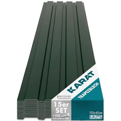 KARAT Set van 15 trapeziumplaten 115 x 45 cm Profielplaat met schroeven Dakplaat 7,7 m² Dikte 0,25 mm Dakplaten van plaatstaal Wandbekleding (groen) KARAT Set van 15 trapeziumplaten 115 x 45 cm Profielplaat met schroeven Dakplaat 7,7 m² Dikte 0,25 mm Dakplaten van plaatstaal Wandbekleding (groen)