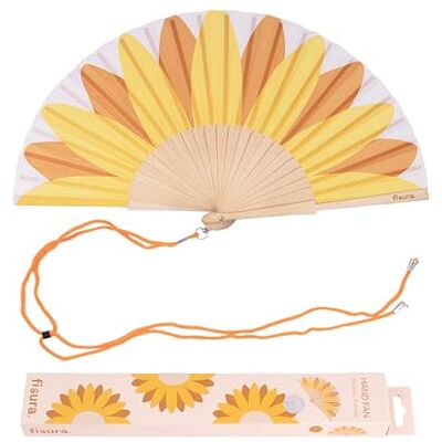 Fisura Houten waaier met zonnebloemprint. Modieus en kleurrijk accessoire, gele zakventilator met clip inbegrepen. Afmetingen: 42,5 x 23 cm Fisura Houten waaier met zonnebloemprint. Modieus en kleurrijk accessoire, gele zakventilator met clip inbegrepen. Afmetingen: 42,5 x 23 cm