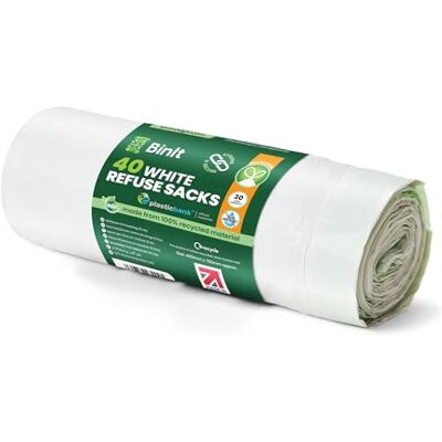 BIN IT 40 stuks witte vuilniszakken met trekkoord, 30 l, sterk en veilig, gerecycled, scheurvast, perfect voor dagelijks gebruik, thuis, kantoor, keuken en BIN IT 40 stuks witte vuilniszakken met trekkoord, 30 l, sterk en veilig, gerecycled, scheurvast, perfect voor dagelijks gebruik, thuis, kantoor, keuken en